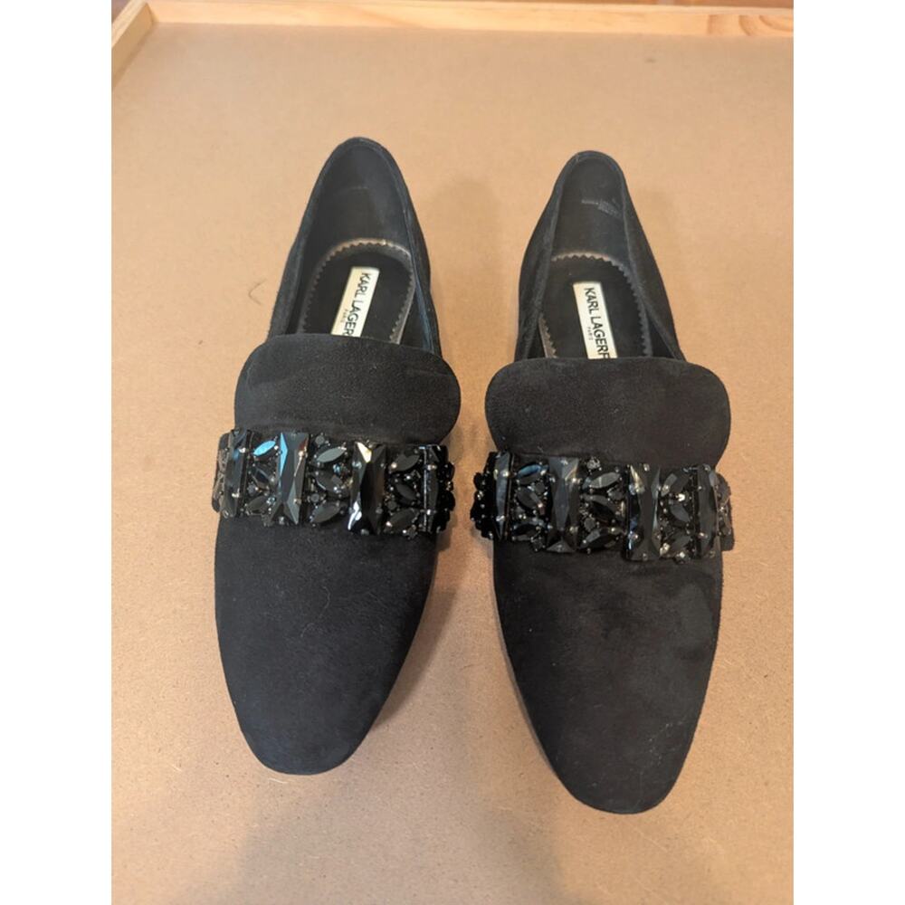 Karl Lagerfeld Paris Black Suede Loafers with Jeweled Embellishments Size 8